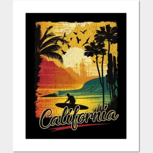 California Retro Vintage Poster Style Sunset Surfer Posters and Art